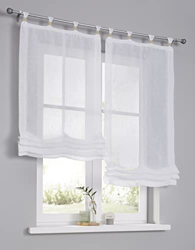 Kutti Raffrollo Raffgardine mit Schlaufen Brondby Boule weiß. Mit Zierkugeln für die Schlaufen. Holzperlen/Dekokugeln mit Bohrung aus Holz - Buche Natur 100 x 140 cm.