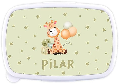 LolaPix Lunch box. Caja merienda bebe, niños, niñas, colegio y guarderia. Regalos personalizados. Apta para microondas y libre de BPA, filatos y metales pesados. Jirafa estrellas