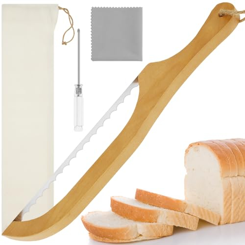 Keyohome Bread Bow Knife for Homemade Bread, 15.7 inch Stainless Steel Sourdough Bread Slicer Screwdriver Serrated Bagel Cutter with Wooden Handle and Storage Bag, Knife Ideal for Cutting Crusty Bread