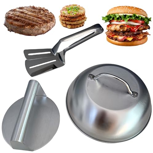 MEGYAD 3 Stück Burger Set: Edelstahl Burgerpresse Inklusive Bratzange, Fleischpresse und Topfdeckel, Burger Smasher für Flat Top Grill Grillen Squeeze Grease Einfach Säubern Antihaft