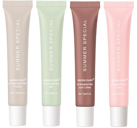 BAISEN DIARY 4 PCS Summer Special Lip Butter Balm - Ultra-Hydrating, Nourishing Lip Care with Natural Ingredients, Shea Butter & Olive Oil, Soothes & Softens Dry Lips (4PCS, 0.5 Fl Oz (Pack of 4))