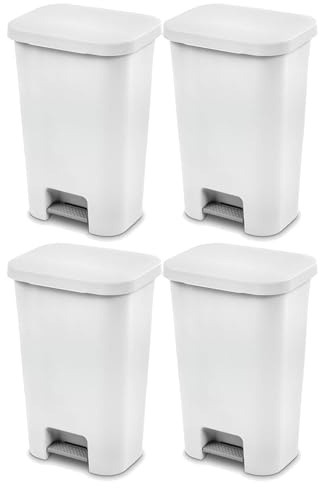 Sterilite 11.9 Gallon Rectangular Step On Kitchen Plastic Indoor Wastebasket with Wide Opening Lid and Comfort Handle for Home, White (4 Pack)