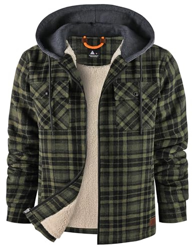 zitysport Holzfällerjacke Gefüttert Herren Hemdjacke Sherpa Fleece Kariert Jacke Fleecefutter Mantel Flanelljacke Outdoor Kapuzenjacke Kariert Männer Winterjacke mit Kapuze Sweatjacke(Dunkelgrün, 2XL)