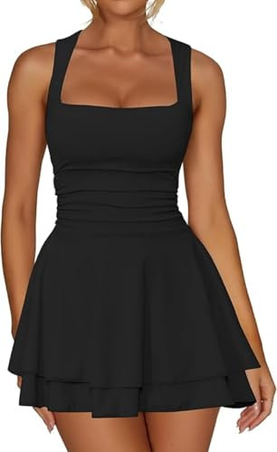 Sukiglam Women's Mini Dress Sexy Sleeveless Square Neck Double Layers Ruffle Short Dresses High Waist Slim Fit Swing Going Out Dress Summer Elegant A Line Flare Dresses for Club Party Cocktail