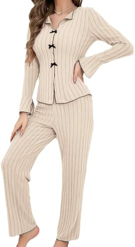 Fjquamitix Women's Long-Sleeve Pyjama Set, Soft and Breathable Women's Pyjamas Set with Adjustable Waist, Front Button Closure,Women's Casual Loungewear