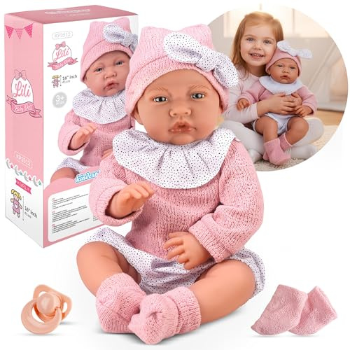 Kinderplay Poupée de bébé 41 cm - Corps Souple - Parlante avec Sons/Sons - avec tétine et Accessoires - Poupée réaliste en Tenue Rose - Jouet Cadeau pour Filles et garçons à partir de 3 Ans
