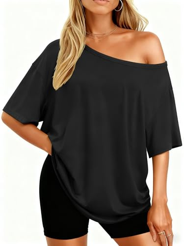 LACOZY Women Summer Cold Shoulder Tops Short Sleeve Boat Neck Shirts Solid Color Loose Tunics Black 2XL
