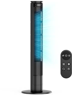 Ventilador Torre Silencioso - Ventilador de Torre con Mando a Distancia & Pantalla LED, 5 Modos de Viento & 6 Velocidades, 12H Temporizador, Oscilación 70° - Ideal para Casa/Oficina/Dormitorio/Cocina