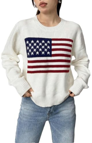 Kvinnors avslappnade rundhalsade pullovertröja med amerikansk flagga i stickad stil