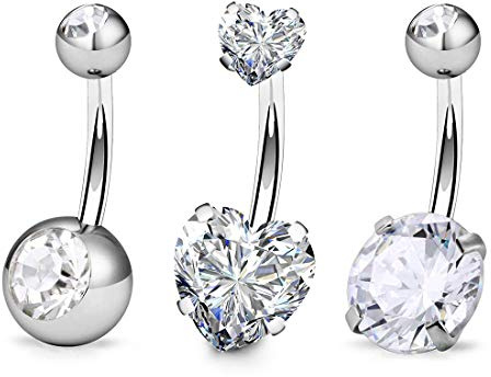 FECTAS 3pcs Anello con ombelico argento Top Zirconia 316L acciaio chirurgico 14G ombelico Bar Gioielli piercing