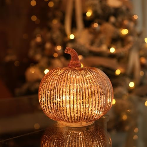 hvfun Rosegold Thanksgiving Decorative Artificial Pumpkins-Mercury Glass Light up Pumpkin with Timer- Table Centerpieces for Home Decor-Lamps for Festive Decoration