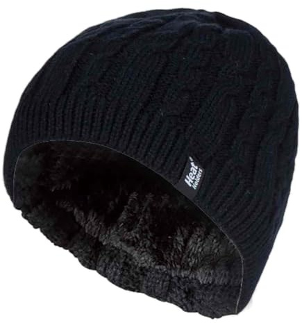 HEAT HOLDERS - Womens Ribbed Cable Knit Fleece Lined Thermal Winter Knitted Beanie Hat (One Size, Black (Alesund))