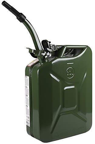 WALTER Benzinkanister 20L mit flexiblem Einfüllstutzen/Trichter aus Metall, Kraftstoff-Kanister, grün, Sicherheitsverschluss