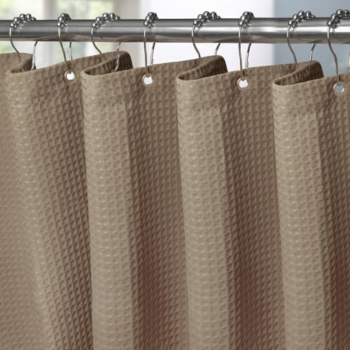 VANZAVANZU Shower Curtain for Bathroom with Metal Hooks Waffle Fabric Shower Curtain Heavy Duty Bath Curtain for Wet Room Bathtub Shower Stall, Weighted Hem, Waterproof - 182 x 214cm (Khaki)