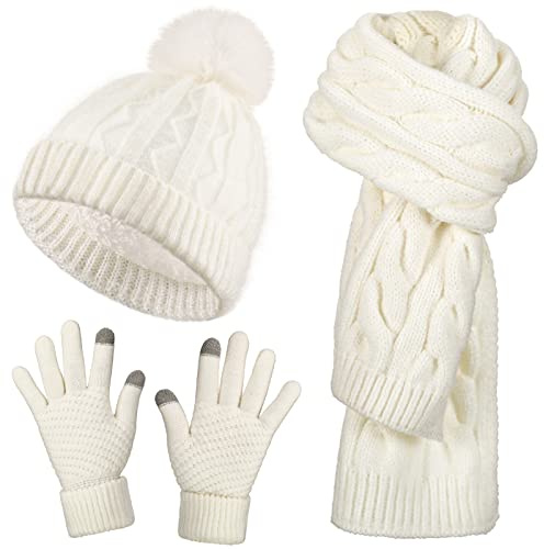 Jeere Set di 3 Sciarpa Lunga Calda Guanti Bianchi e Cappello Lavorato a Maglia Morbido Invernale per Donna Inverno Tempo Freddo