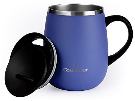 GRANDTIES Insulated Coffee Mug with Handle- Sliding Lid for Splash-Proof 16 oz Wine-Glass Shape Thermal Tumbler with Double Walled Vacuum Stainless Steel to Keeps Beverages Hot or Cold-Periwinkle