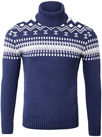 Reslad RS-3014 Men's Turtleneck Sweater Chunky Knit Norwegian Turtleneck Jumper Men's Winter Jumper, blue, L