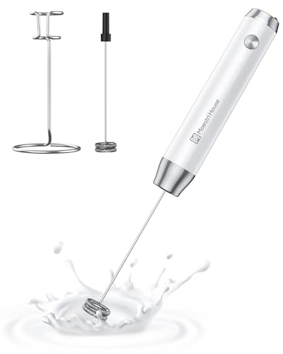 Maestri House Wiederaufladbarer Milchaufschäumer, Tragbarer Elektrischer Schaumbereiter, Wasserdichter, Abnehmbarer Edelstahl-Schneebesen, Getränkemixer, Schäumer mit Ständer, 2 Schneebesen (Weiß)