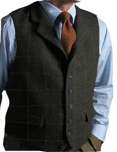 Mens Casual Plaid Suit Vest Tweed Slim Fit Waistcoat for Wedding Groomsmen