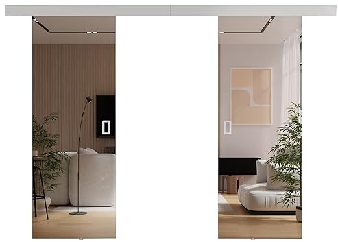 KIER FURNITURE Schiebetür Komplettset - MIRROR - Tür mit Laufschiene - Schiebetürsystem - Raumspartür - Innentüren - Schiebetür - Weiß - 192 x 205 x 1,6 cm