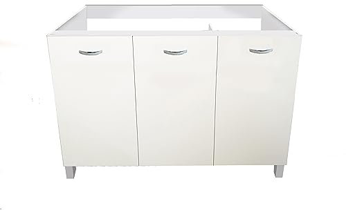 MABEL Mueble bajo lavabo de cocina blanco con 3 puertas, organizador de madera ennoblecida con acabado antiarañazos, fácil de montar – L 120 cm x P 50 cm x H 80,5 cm