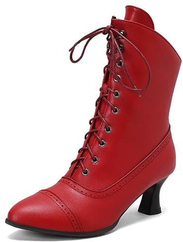 CouieCuies Lace Up Ankle Boots for Women 70s Victorian Booties Vintage Granny Boots Red