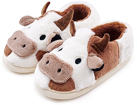sharllen Fluffy Cow Slippers, Novelty Cute Animal House Slippers for Women Fuzzy Plush Winter Warm Cotton Shoes for men Indoor&Outdoor