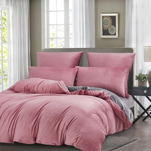 Gezu Set di Biancheria da Letto in Flanella di Velluto 220x240cm Rosa e Grigio Inverno Parure da Letto Doppio Facciale Spesso Morbido e Caldo Biancheria da Letto per 2 Persone con 2 Federe per Cuscini