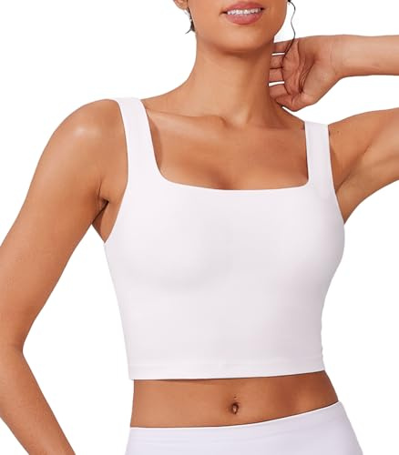 PINSPARK Sportbehå för kvinnor utan bygel avtagbar vadderad sport bustier andas U-rygg yoga bh crop toppar löpning jogging fitness sport bh topp, Vit, S