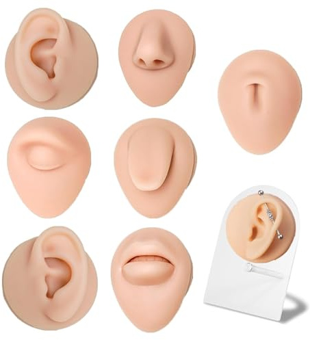 PEPAX Piercing per il corpo, modello di esercizio, 7 pezzi, in morbido silicone, con supporto per display, modello per naso, occhi, bocca, lingua, ombelico per praticare piercing