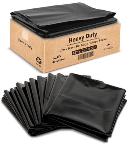 JeeJaan® 200 Large Bin Bags Heavy Duty Black Refuse Sacks for Household Garbage 80L Capacity Strong Black Bin Liners for –Rubbish Garbage Bags - (18 x 29 x 39)