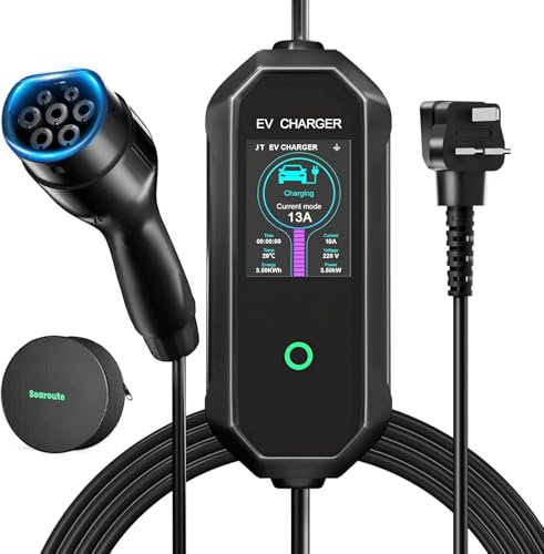 Searoute EV Charger Cable Type 2 to UK 3 Pin Plug, 15M 3KW Portable Electric Car Charger, 6A/8A/10A/13A Adjustable 12H Schedule Charging, Type 2 to UK 3 Pin Charging Cable