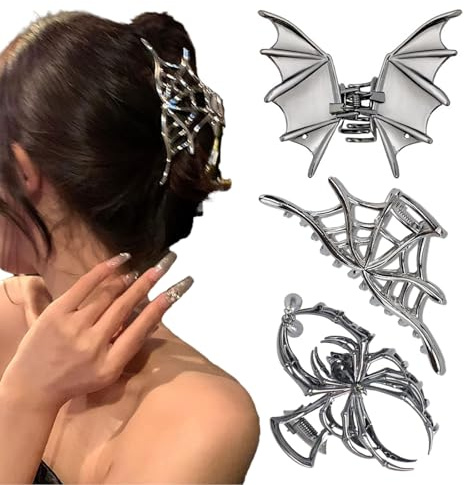 3 stycken halloween spindelnät fladdermus hårklämmor – gotiska svarta metallhårtillbehör med pärlor för kvinnor och flickor, stora och medelstora kloklämmor för tjockt hår, läskiga