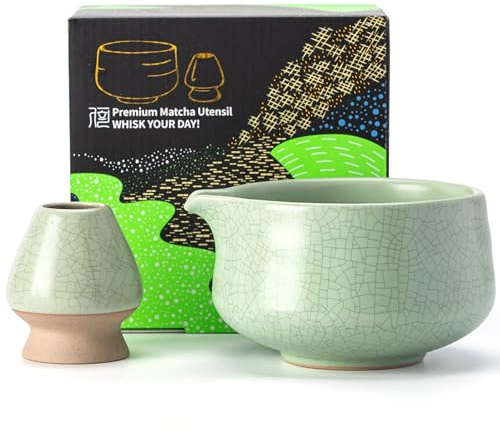 TEANAGOO Cuenco para matcha con boquilla, juego de cuencos de cerámica para matcha y soporte para batidor, 2 piezas Macha Chawan de 510 ml, verde claro mate con costura negra con soporte, cuenco de té