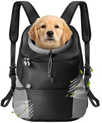 Bojury Pet Dog Carrier Backpack, Small Dog Cat Front Backpack, Breathable Adjustable Puppy Carrier with Safety Belt for Travel Hiking Cycling Walking Outdoor Black M