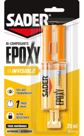 SADER - Colle Epoxy bi-composant Invisible - Colle forte et résistante - Collage Transparent - Tous Supports - Transparent - Seringue 25 ml