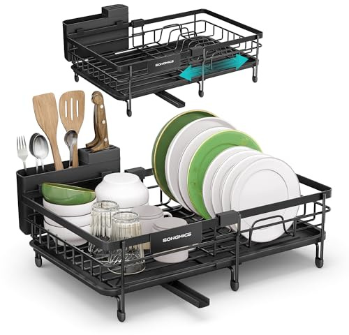 SONGMICS Escurreplatos para Espacios Reducidos, Escurridor de Platos de Cocina Extensible, Boquilla Extensible y Giratoria 360°, Acero, (30,2-46,5) x 29,6 x 14 cm, Negro Tinta KCS556BH01