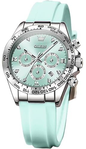 OLEVS Ladies Watches Multi-Function Chronograph Luxury Luminous Analogue Date Diamond Wrist Watch, Soft Silicone Strap Waterproof Quartz Fashion