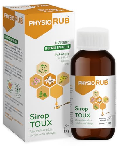 Sirop Toux PhysioRUB(tm) - Postbiotiques & Miel de Manuka - Maux de gorge - Immortelle & Plantain - Fabriqué en France - 180g