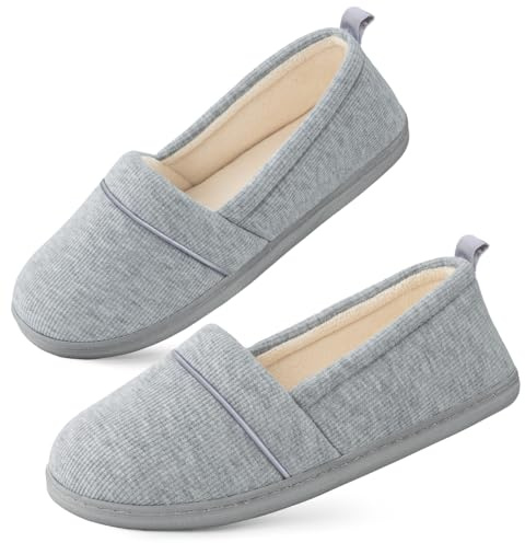 EverFoams Ladies' Memory Foam Comfort Cotton Knit House Shoes Light Weight Terry Cloth Loafer Slippers w/Anti-Skid Rubber Sole, Light Grey, 5 UK