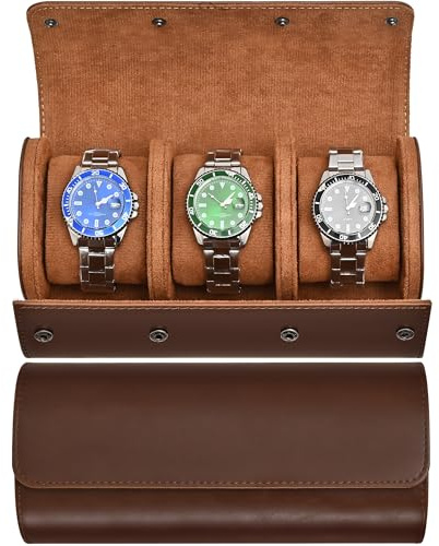 POKOTO Watch Roll Travel Case for 3 Watch, Watch Case for Men and Women, Luxury Leather Portable Watch Case Roll Organizer for Home Storage, Travel and Display with White BOX (Brown, 3 slot)