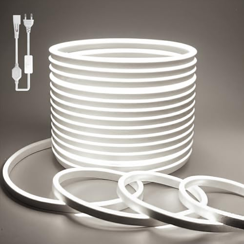 BAGZY Ruban LED Exterieur Etanche 20M Blanc de Bandeau LED 220V Néon Bande Eclairage Lumineuse IP65 de Flexible Imperméable Découpable Intérieure Inclus Adaptateur Secteur pour Chambre Cuisine