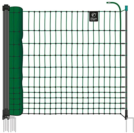 VOSS.farming Geflügelnetz Basic, 25m x 112cm, 7 Pfähle je 2 Spitzen, grün, mobiler Hühnerzaun, Haustierzaun, Begrenzungszaun, elektrifizierbar