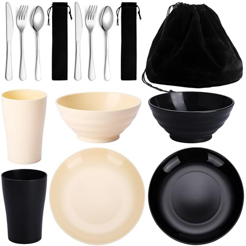 Kyraton set di posate da campeggio da 12 pezzi, bicchieri, piatti e ciotole in plastica e posate in acciaio inox con borsa nera, adatto per 2 persona in campeggio, lavabile in lavastoviglie