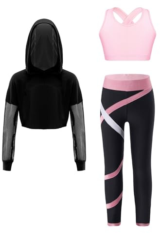 Freebily Flicka Konstnärlig Träningsoverall 3 delar Hoodie Sweatshirt + Sportbh Crop Top + Sportleggings Kostym Sport Träning Modern Dans, Rosenröd, 13-14 �r