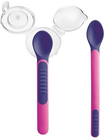 MAM Set de Cucharas, Puntas Sensibles al Calor, Suaves y Delicadas para el Paladar y las Encías del Bebé, Ayudan en la Transición a Comer de Forma Independiente, con Tapa Protectora, Rosa, Pack 2 uds