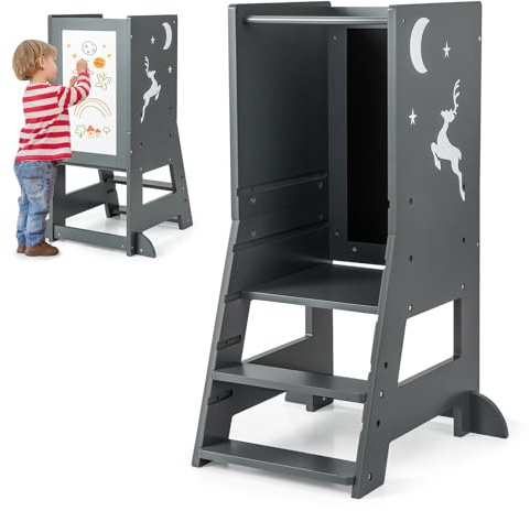 GOPLUS Lärtorn för barn, multifunktionell stegpall i trä med 3 justerbara höjder, lärostol baby med whiteboard, bräda, 3 pennor, för barn från 1 år, 37 x 50 x 87 cm (grå)