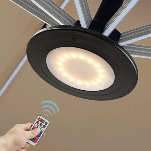 Powfloven Lampe LED pour parasol de terrasse avec télécommande, batterie rechargeable portable, 3 modes de luminosité, 12 couleurs à intensité variable pour parasols de terrasse, tentes de camping,