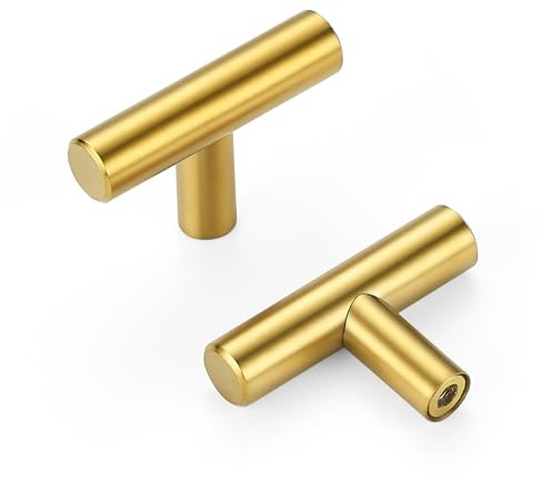 HOME EDIT 10 Pack Gold Cabinet Knobs 2 Inch - Brushed Brass Drawer Knobs Single Hole Gold T Bar Hardware Drawer Pulls for Kitchen Cabinets and Dressers