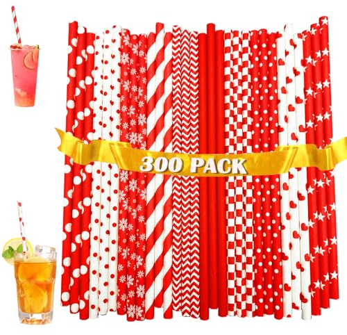 300 stycken färgglada papperssugrör, sugrör papper, sugrör av papper 19,7 cm, färgglada cocktailsugrör sugrör sugrör biologiskt nedbrytbara för cocktails kalla drycker och juice, röd